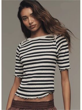 NWT Nation Los Angeles April Ruched Half-Sleeve Striped Top, Small